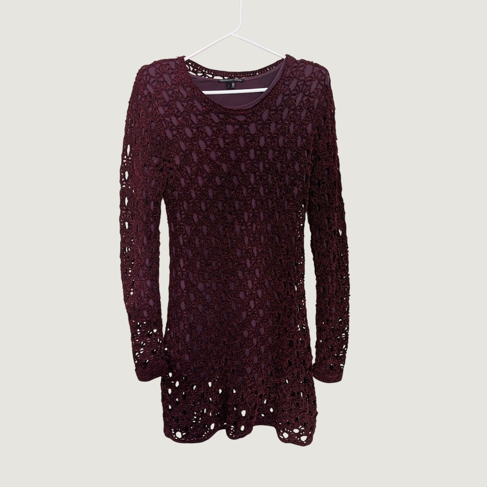Theyskens Theory Whimsigoth Burgundy Crochet Knit Long Sleeve Mini Dress Medium